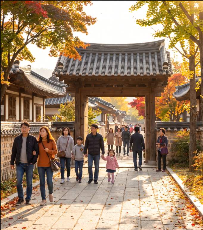 Gangneung Bread Baking Village Ojuk 2026 — bakery booths lining the bamboo-flanked stone walls of Ojuk Hanok Village