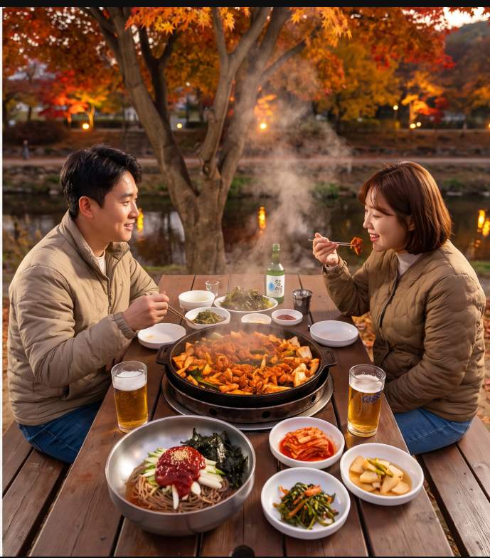 춘천 공지천 플리마켓 부스와 야간 조명이 어우러진 축제 저녁 풍경