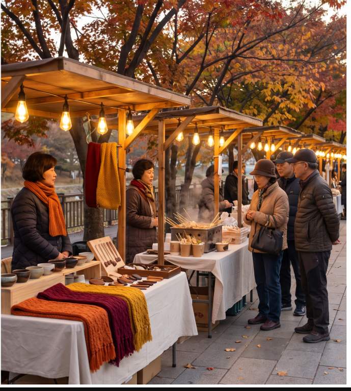 Chuncheon Makguksu & Dakgalbi Festival 2026 — lively food booths lining the Gongjicheon walkway with autumn visitors