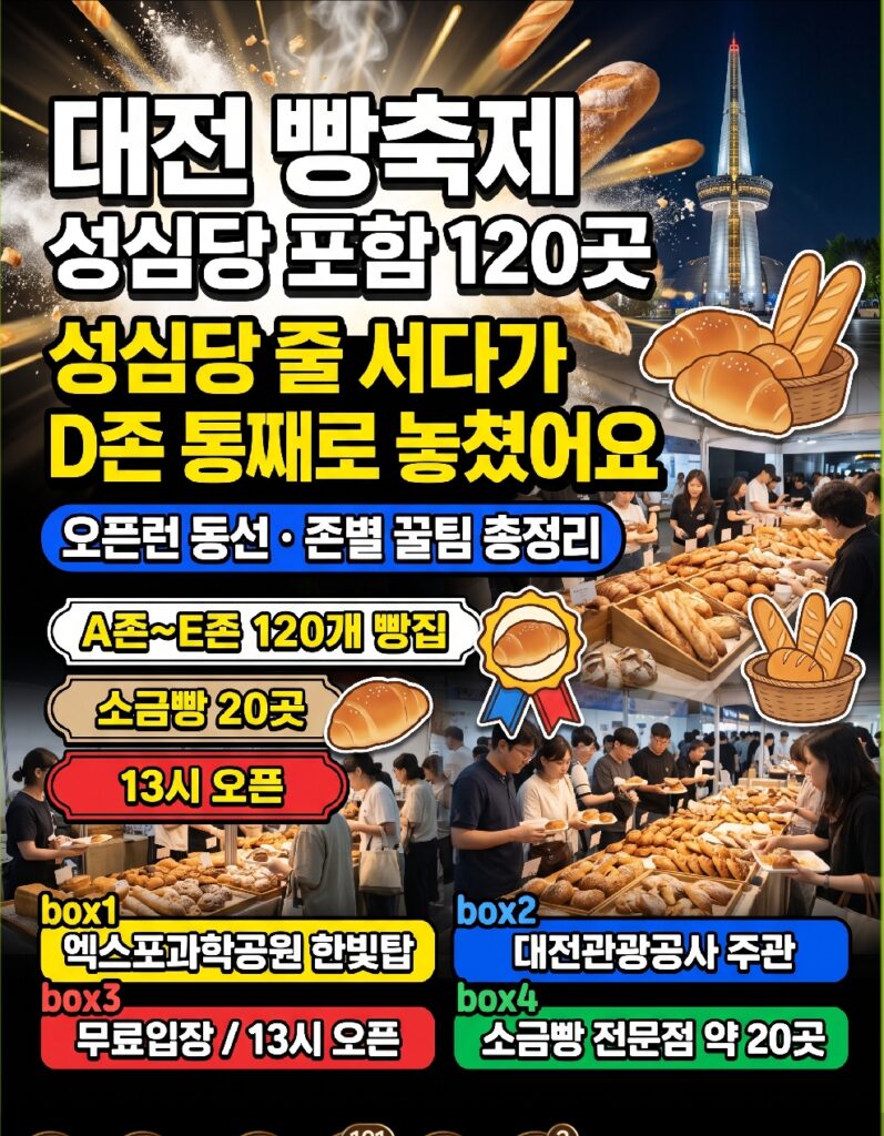 Rows of bakery booths at the 2026 Daejeon Bread Festival grounds near Expo Science Park's Hanbit Tower in Daejeon