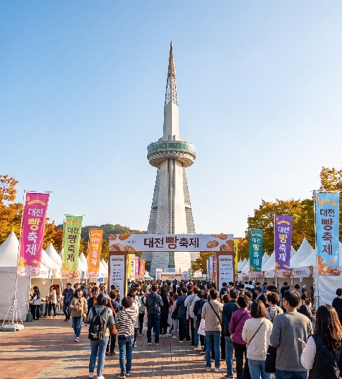Visitors queueing outside Expo Science Park near the Hanbit Tower ahead of the 2026 Daejeon Bread Festival opening