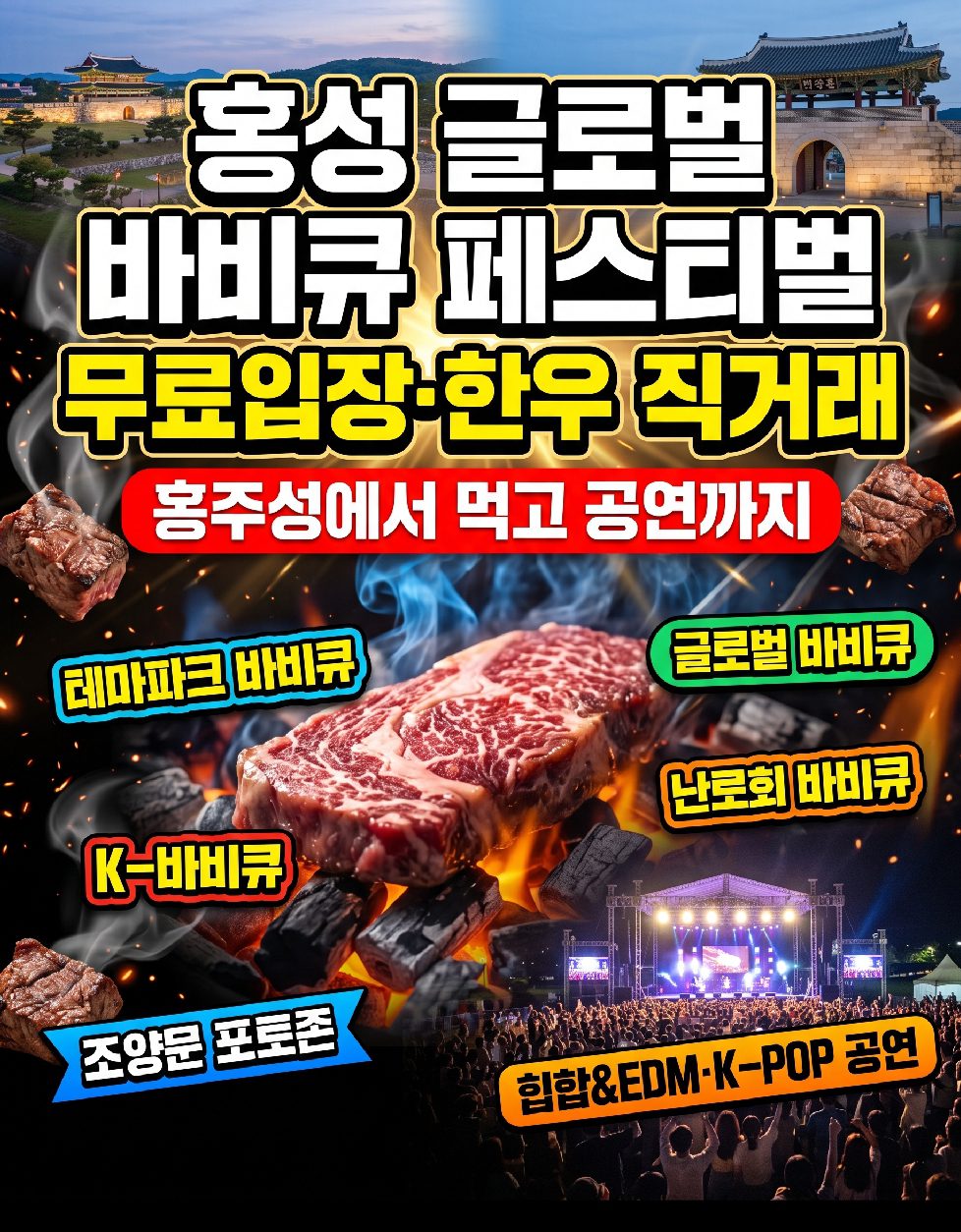 홍성 글로벌 바비큐 페스티벌 홍주읍성 일원에서 운영되는 한우 숯불구이존 전경