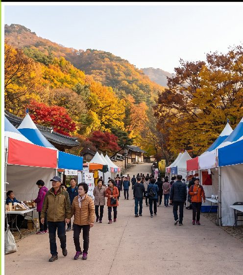 가을 단풍이 물든 문경새재도립공원 입구와 사과축제 부스 전경