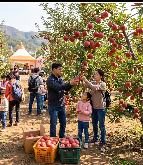 문경사과축제 사과따기 체험 현장과 참가자들이 사과를 수확하는 모습