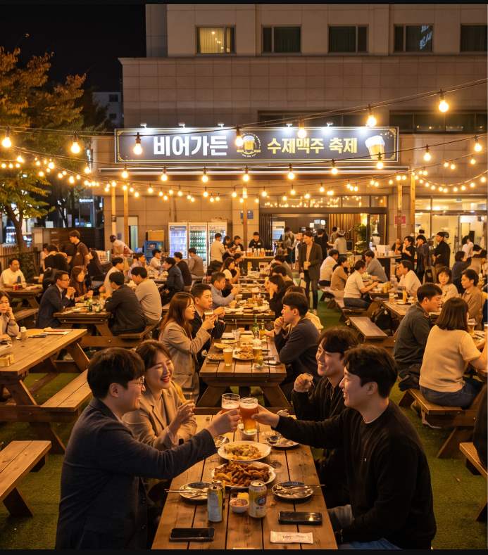 Hotel Nongshim outdoor yard and beer garden in Dongnae-gu, Busan, set up for the Hurshimchung Bräu Oktoberfest evening event
