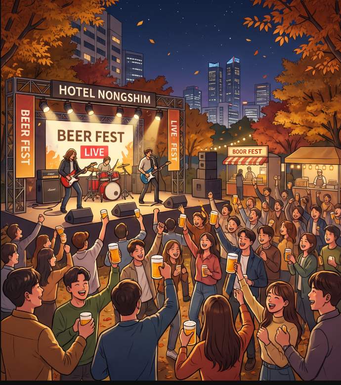Visitors drinking craft beer and watching live performances at the Hurshimchung Bräu Oktoberfest outdoor stage