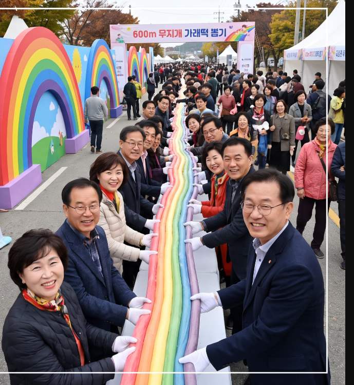600-meter rainbow rice cake being drawn out at Sky Yard during the Icheon Rice Cultural Festival 2026