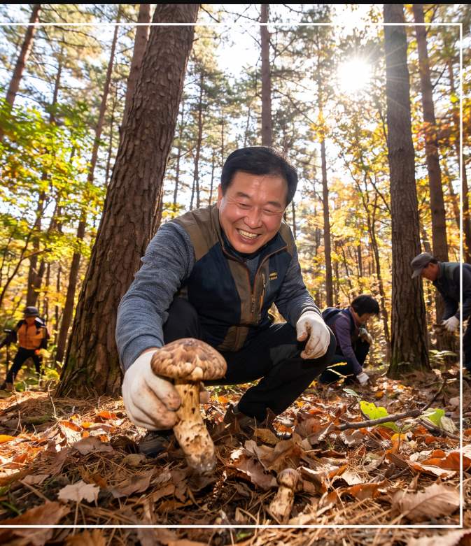 Visitors picking pine mushrooms in the autumn forest during the Bonghwa Pine Mushroom Festival harvest experience