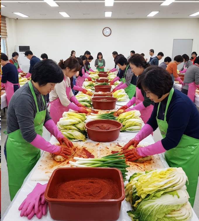 Gwangju Bitgoeul Kimjang Experience Festival — participants mixing salted cabbage and seasoning inside the multi-purpose hall