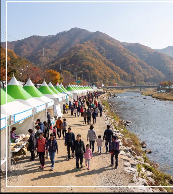 Pyeongchang Highland Kimjang Festival grounds at Jinbu-myeon Odaecheon, showing the registration booth and open-air mixing area