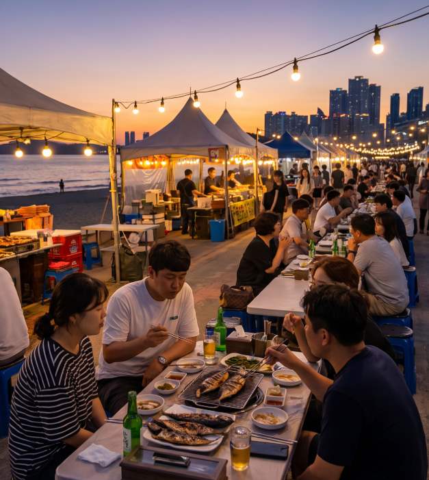 부산 고등어축제 송도해수욕장 야경과 낭만포차 불빛이 어우러진 저녁 풍경