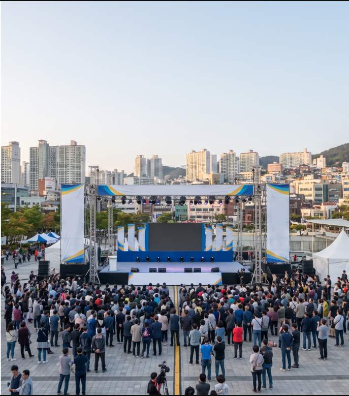 Busan Jagalchi Festival main stage at Yurari Square with performers and the Busan waterfront visible in the background