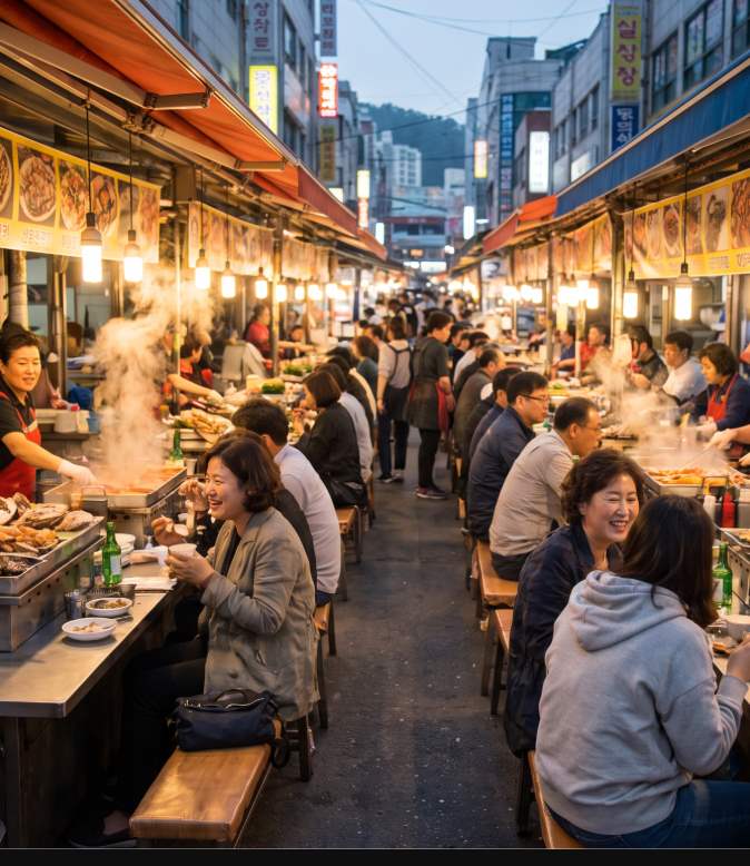 Busan Jagalchi Festival food tents at Jagalchi Market with visitors enjoying fresh seafood dishes along the waterfront