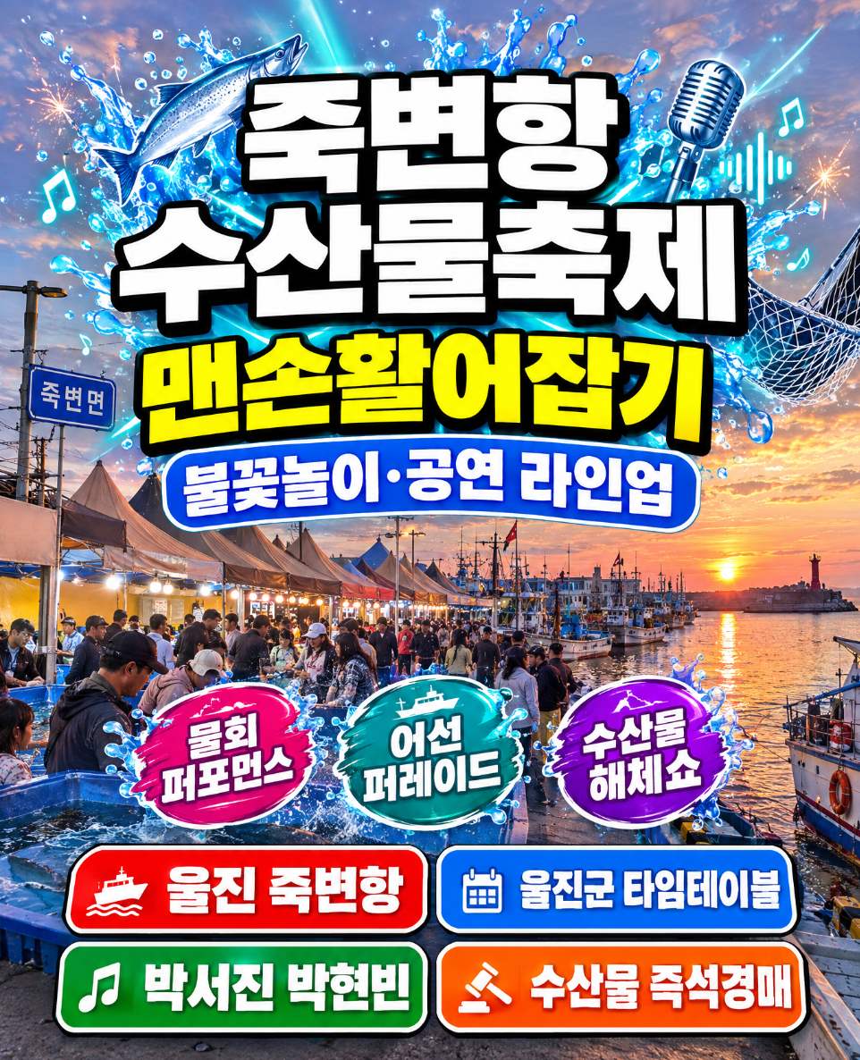 죽변항 수산물축제가 열리는 울진 죽변항 항구와 어선이 늘어선 풍경
